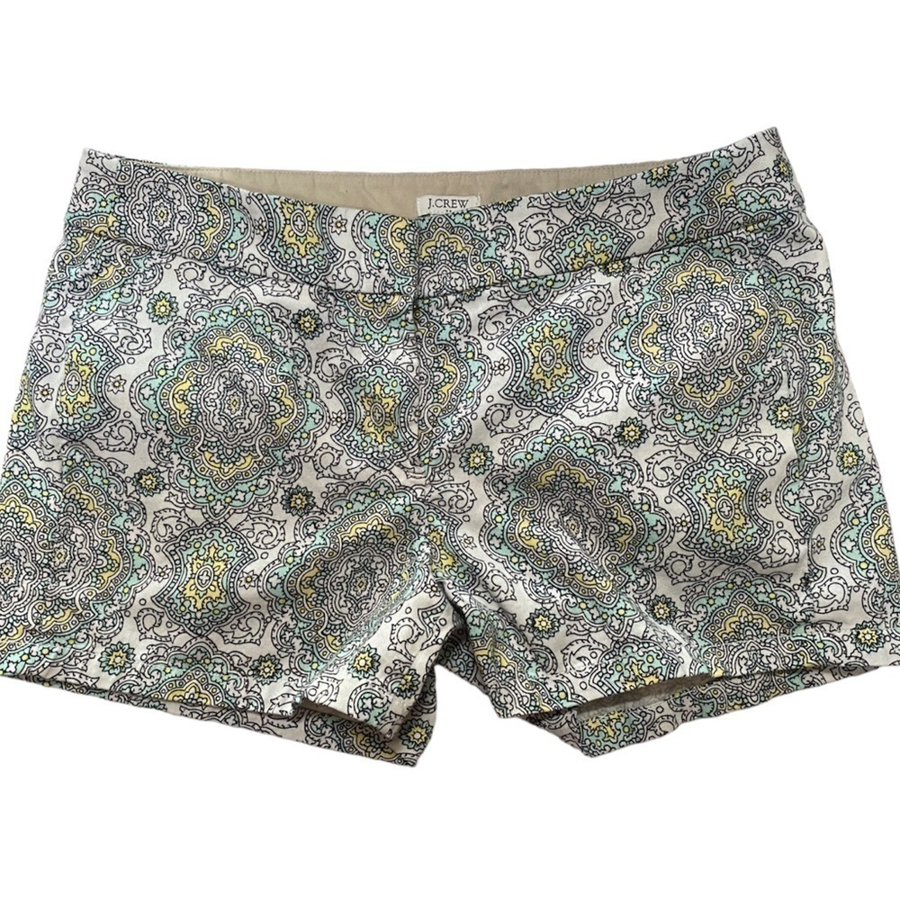 J CREW COTTON SHORTS WHITE AQUA YELLOW BLACK OUTLINE ABSTRACT